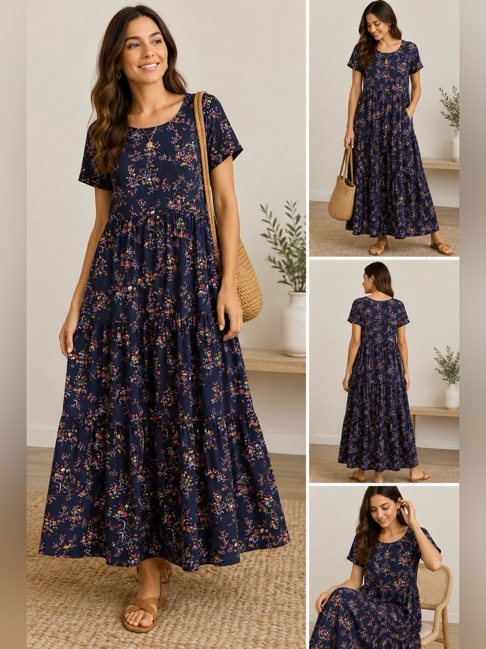 YESNO Women’s Navy Floral Tiered Maxi Dress 100% Cotton Size M